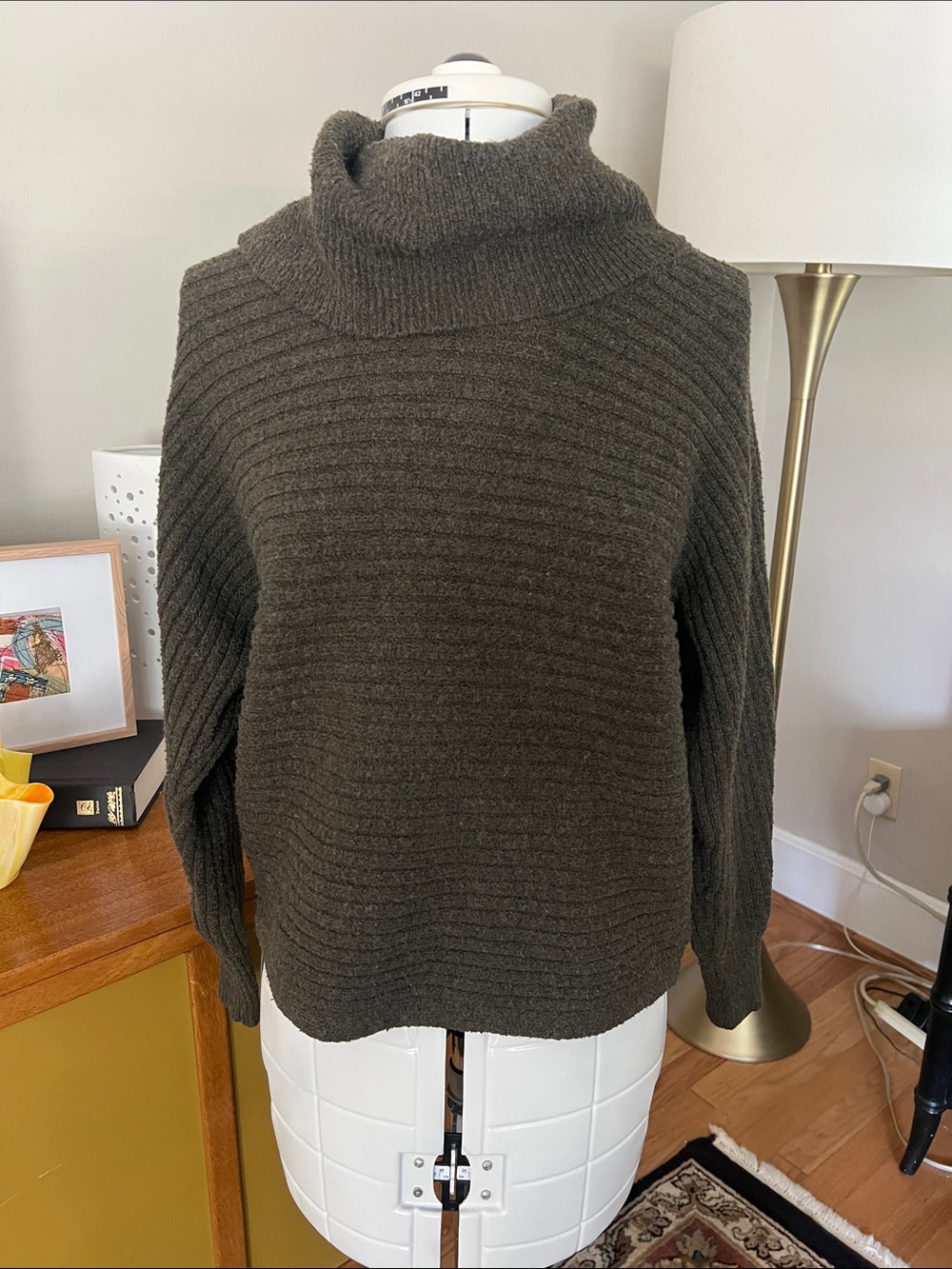 Pink Rose Olive Green Cowl Neck Turtleneck Sweater